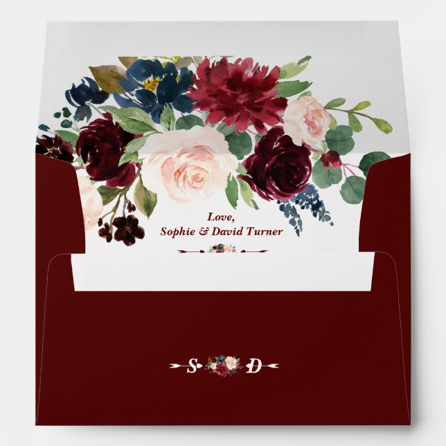 Burgundy Blush Navy Floral Wedding Return Address Envelope (Back (Bottom))