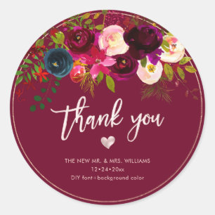 Burgundy Blush Navy Flowers Thank You DIY Bckgrnd Classic Round Sticker