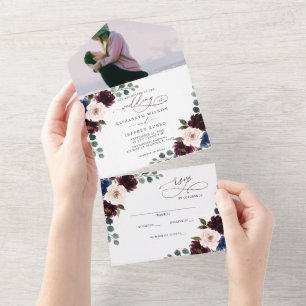 Burgundy Blush Navy Greenery Floral Photo Wedding All In One Invitation