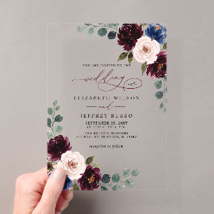 Burgundy Blush Navy Greenery Floral Wedding Acrylic Invitations