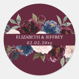 Burgundy Blush Navy Greenery Floral Wedding Classic Round Sticker