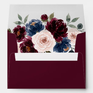 Burgundy Blush Navy Greenery Floral Wedding Envelope