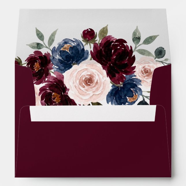 Burgundy Blush Navy Greenery Floral Wedding Envelope (Back (Bottom))
