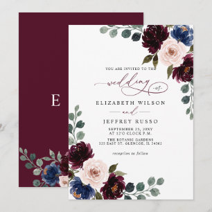 Burgundy Blush Navy Greenery Floral Wedding Invitation