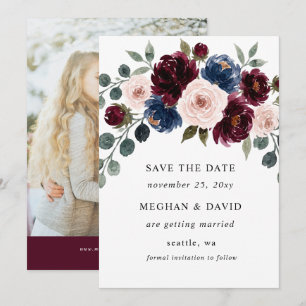 Burgundy Blush Navy Greenery Floral Wedding Photo Save The Date