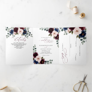 Burgundy Blush Navy Greenery Floral Wedding Tri-Fold Invitation
