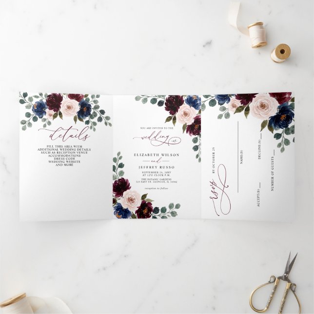 Burgundy Blush Navy Greenery Floral Wedding Tri-Fold Invitation (Inside)