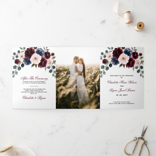 Burgundy Blush Navy Greenery Floral Wedding Tri-Fold Programme (Outside)