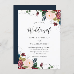 Burgundy Blush Navy Indigo Florals Wedding Invitation