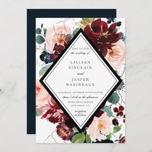 Burgundy Blush Navy Painted Floral Wedding Invitation