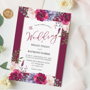 Burgundy Blush & Navy Peony Floral Bloom Wedding Invitation