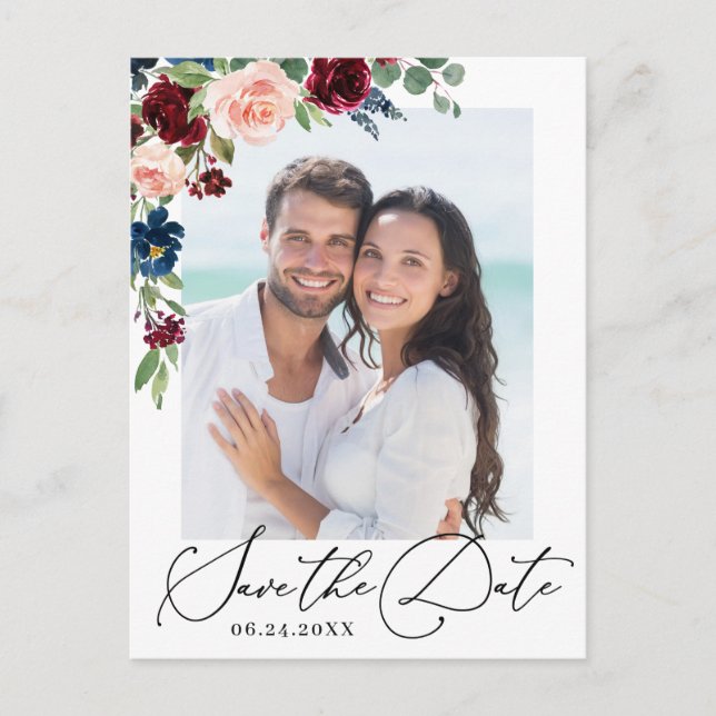 Burgundy Blush Navy PHOTO Wedding Save the Date Postcard (Front)