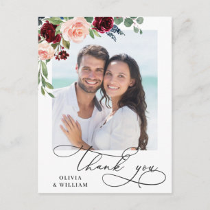 Burgundy Blush Navy Rose Wedding Photo Thank You Postcard