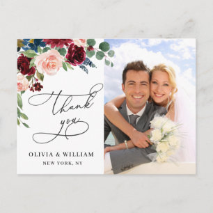 Burgundy Blush Navy Rose Wedding Photo Thank You Postcard