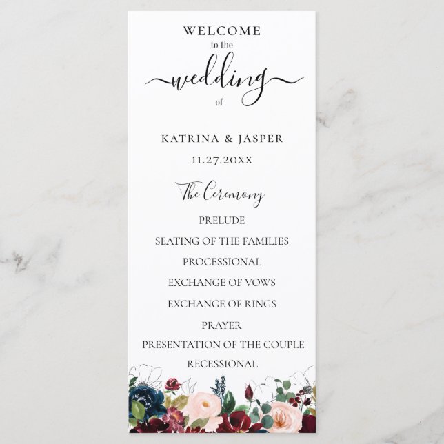 Burgundy Blush Navy Watercolor Floral Wedding Programme (Front)
