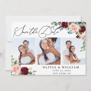 Burgundy Blush Navy White Roses 3 PHOTO Wedding Save The Date