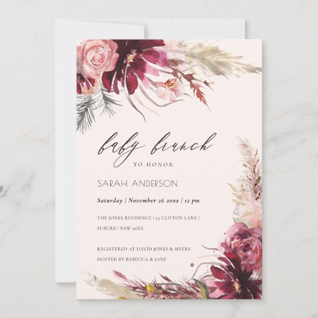 Burgundy Blush Pampas Grass Baby Brunch Invite (Front)