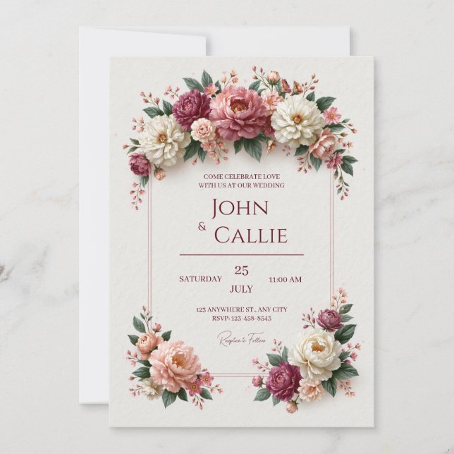 Burgundy Blush Peony Garden Frame Wedding Invitation (Front)