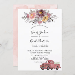 Burgundy Blush Peony Vintage Truck Wedding Invitation
