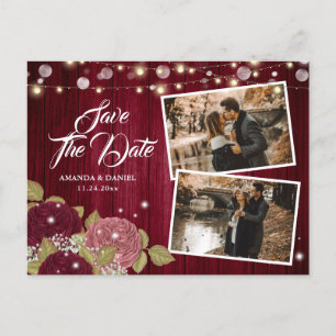 Burgundy Blush Pink 2 Photo Save The Date Announcement Postcard