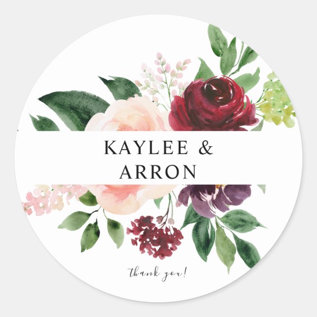 Burgundy & Blush Pink 4 Floral Thank You 2  Classic Round Sticker (Front)