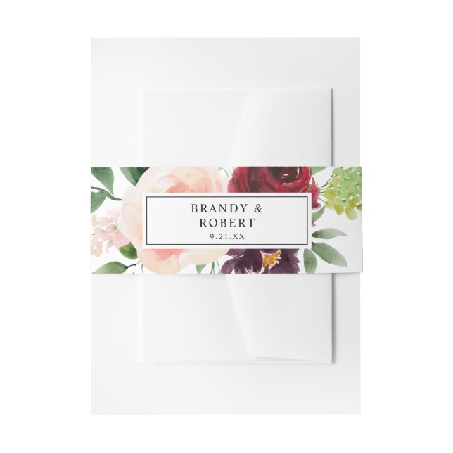 Burgundy & Blush Pink 4B Floral Invitation Belly Band (Front Example)