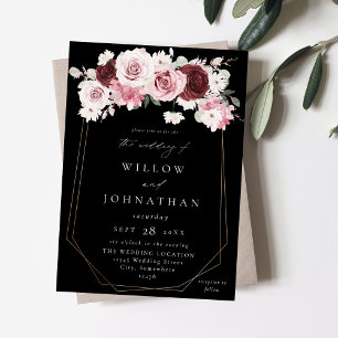 Burgundy & Blush Pink 6 Ele Floral Wedding - Black Invitation