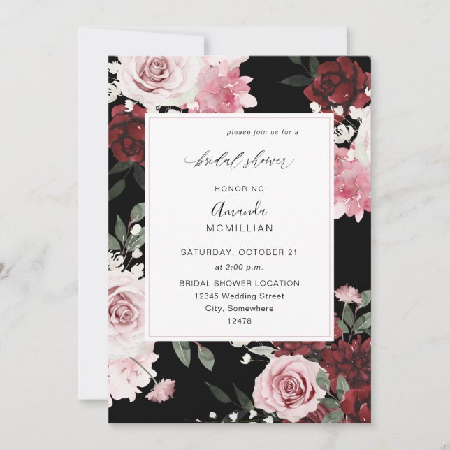 Burgundy & Blush Pink 6 Floral Bridal Shower Black Invitation (Front)