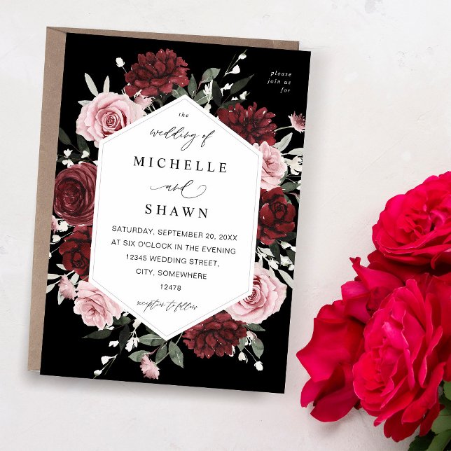 Burgundy & Blush Pink 6 Floral Wedding - Black Invitation (Creator Uploaded)