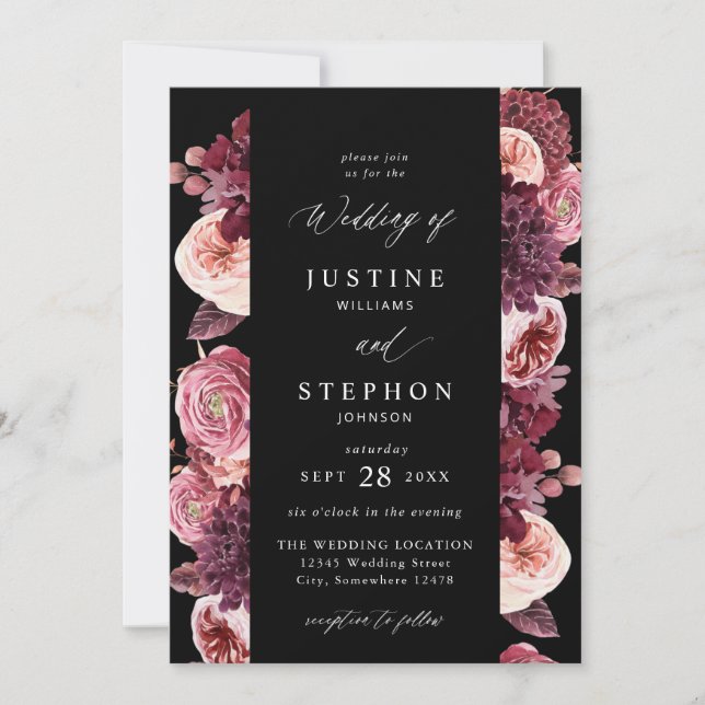 Burgundy & Blush Pink 8B Wedding 2 - Black Invitation (Front)