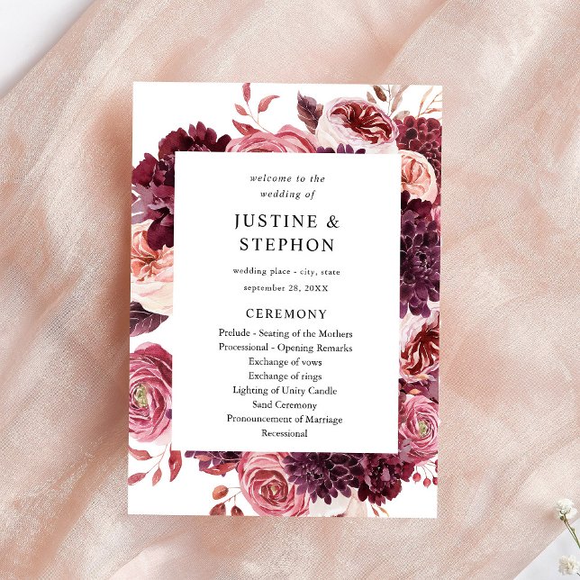 Burgundy & Blush Pink 8B Wedding Ceremony Program Invitation (Creator Uploaded)