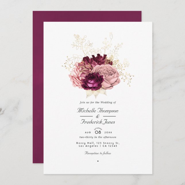 Burgundy Blush Pink and Gold QR Code RSVP Wedding Invitation (Front/Back)
