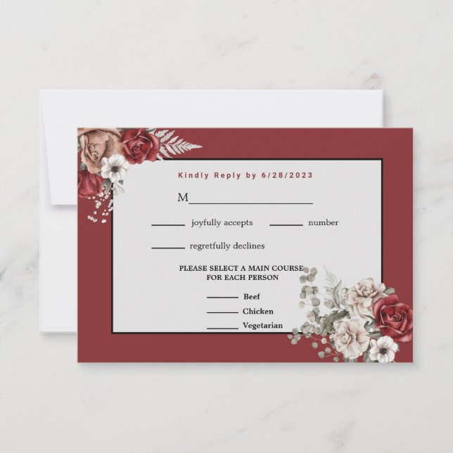 Burgundy, Blush Pink and White Roses Wedding RSVP Card (Front)