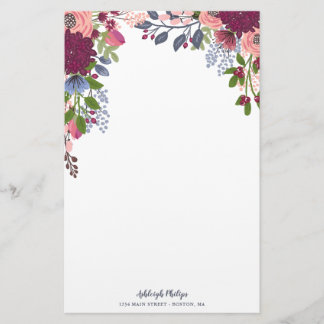 Burgundy Blush Pink Blue Flowers Stationery