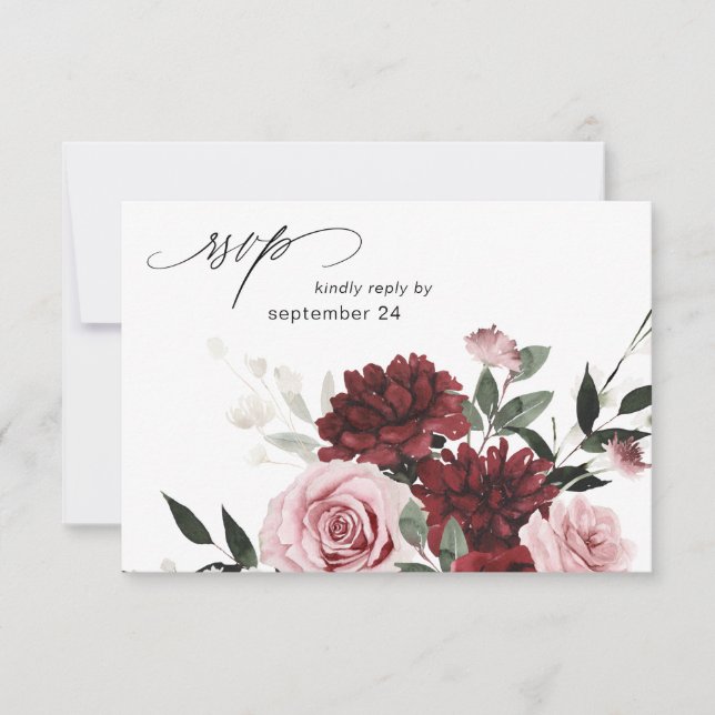 Burgundy & Blush Pink Floral 6 w Meal RSVP Card (Front)