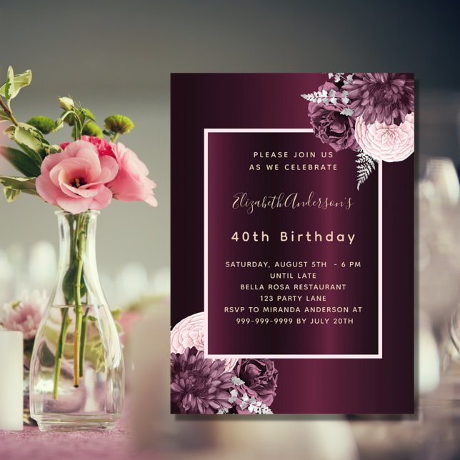 Burgundy blush pink floral birthday invitation (Creator Uploaded)