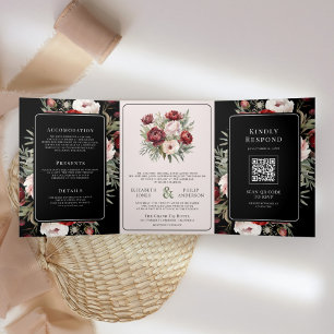 Burgundy Blush Pink Floral Black Moody Wedding Tri-Fold Invitation