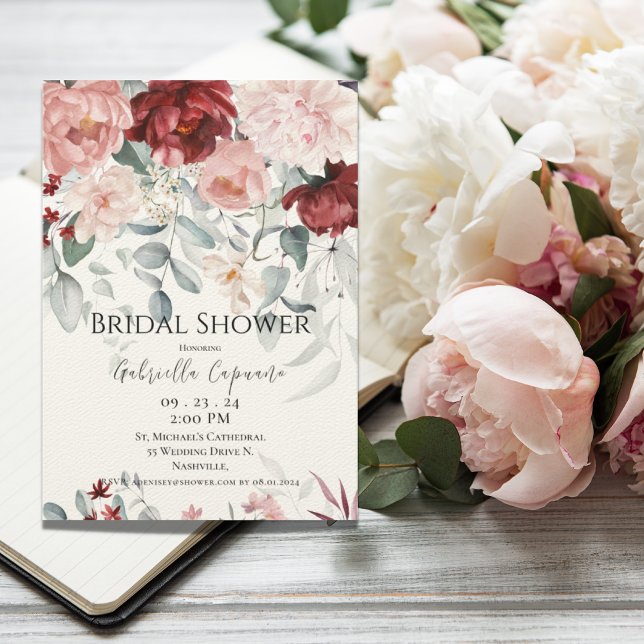 Burgundy Blush Pink Floral Bridal Shower Invitation (Creator Uploaded)