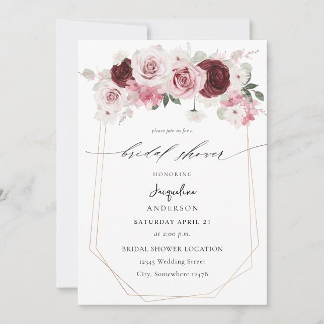 Burgundy & Blush Pink Floral Ele 6 Bridal Shower 3 Invitation (Front)