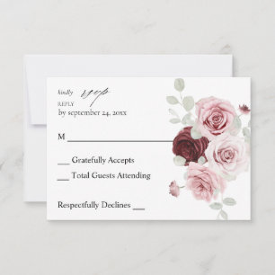 Burgundy & Blush Pink Floral Ele 6 no Meal RSVP 2 Card