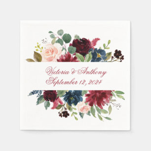Burgundy Blush Pink Floral Elegant Script Wedding Napkin