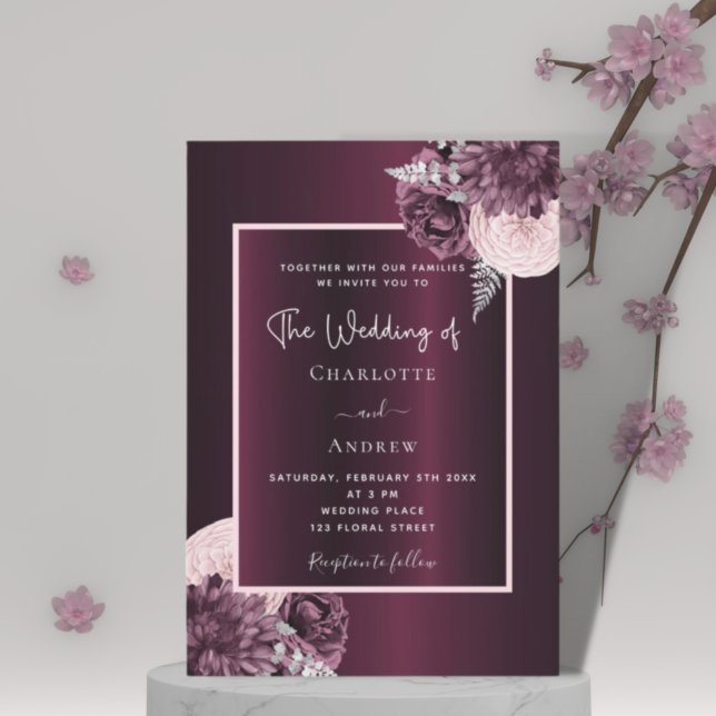 Burgundy blush pink floral elegant wedding invitation (Creator Uploaded)
