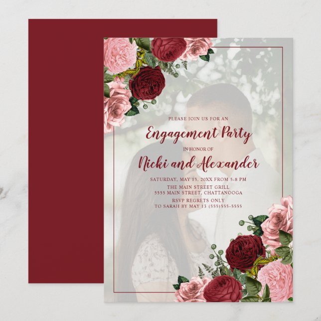 Burgundy Blush Pink Floral Engagement Party Photo Invitation (Front/Back)
