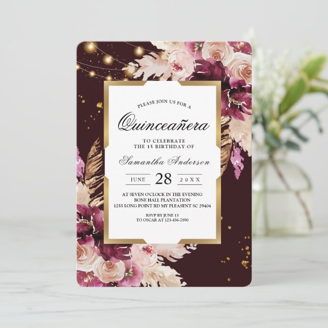 Burgundy Blush Pink Floral & Gold Frame & Lights Invitation (Standing Front)