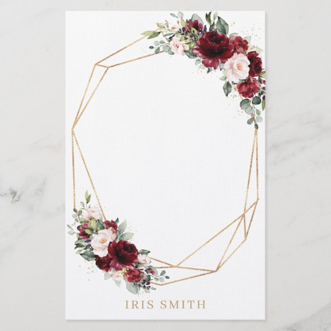 Burgundy Blush Pink Floral Gold Geometric Note Stationery (Front)