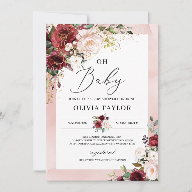 Burgundy blush pink floral gold oh baby shower invitation (Front)