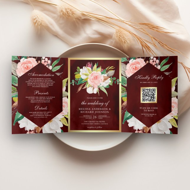 Burgundy Blush Pink Floral Gold QR Code Wedding Tri-Fold Invitation (Creator Uploaded)