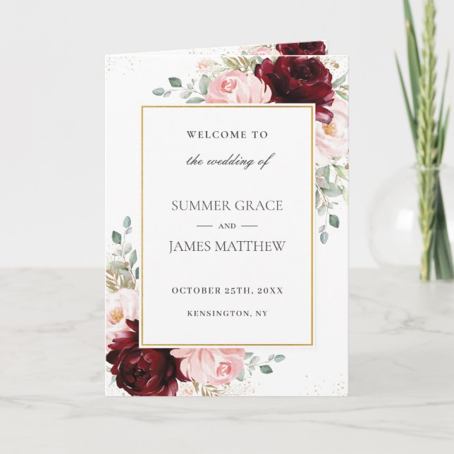 Burgundy Blush Pink Floral Gold Wedding Program Programme (Front)