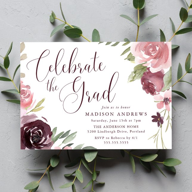 Burgundy & Blush Pink Floral Graduation Party Invitation (Creator Uploaded)
