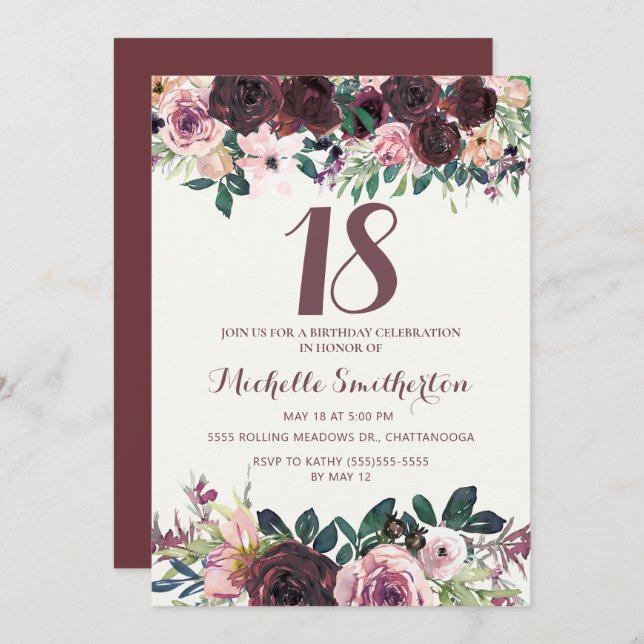Burgundy Blush Pink Floral Leaves 18th Birthday Invitation (Front/Back)